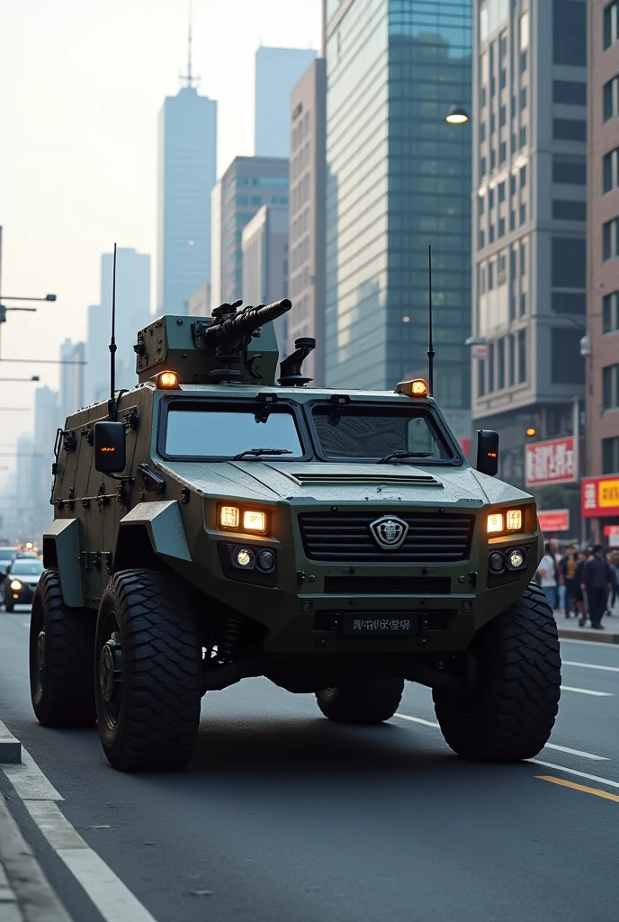 South Korean all-terrain tactical vehicle, transiting in the city of Seoul, equipped with a machine gun in the upper turret, wide angle, octane rendering, volumetric lighting, ultra detailed, intricate details, golden ratio, 3D image, resolution 64K. Photographic style: Canon EOS 90D Camera, lente 50mm, F2 aperture.5