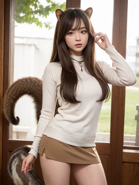 ((Highest quality, 8k)), ((masterpiece)), (Highest Resolution), Perfect Face, Squirrel-eared woman, Female college student, Beautiful woman, public, One tail, she has thick thighs, Big squirrel tail, She has a brown squirrel tail., She wags her tail, Troubled face, Fur collar, She is wearing a short skirt, Beautiful Hips , Big Breasts, The skirt is rolled up with a big tail