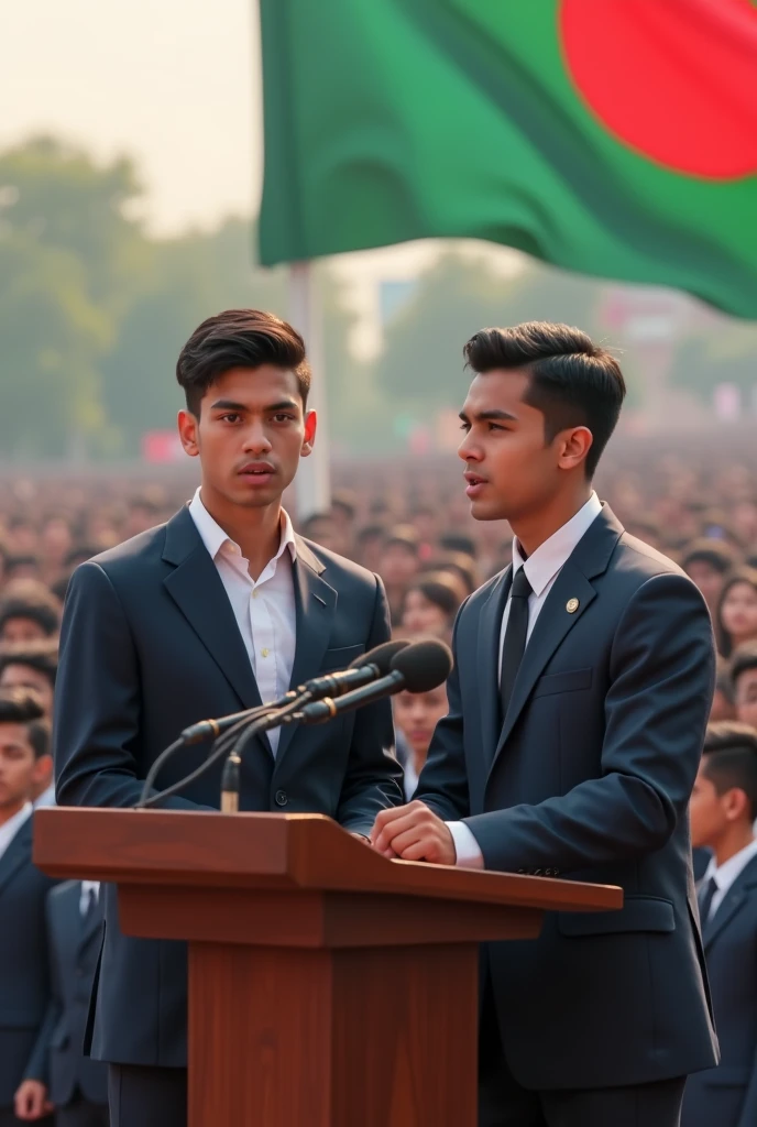 Two male politicians who are aged teenager and wearing suit giving speech and their face in clearly visible from front with teenage students in a wide background in Bangladeshi environment and Bangladesh flag is seen and there's a big banner where BNL is written everywhere 


