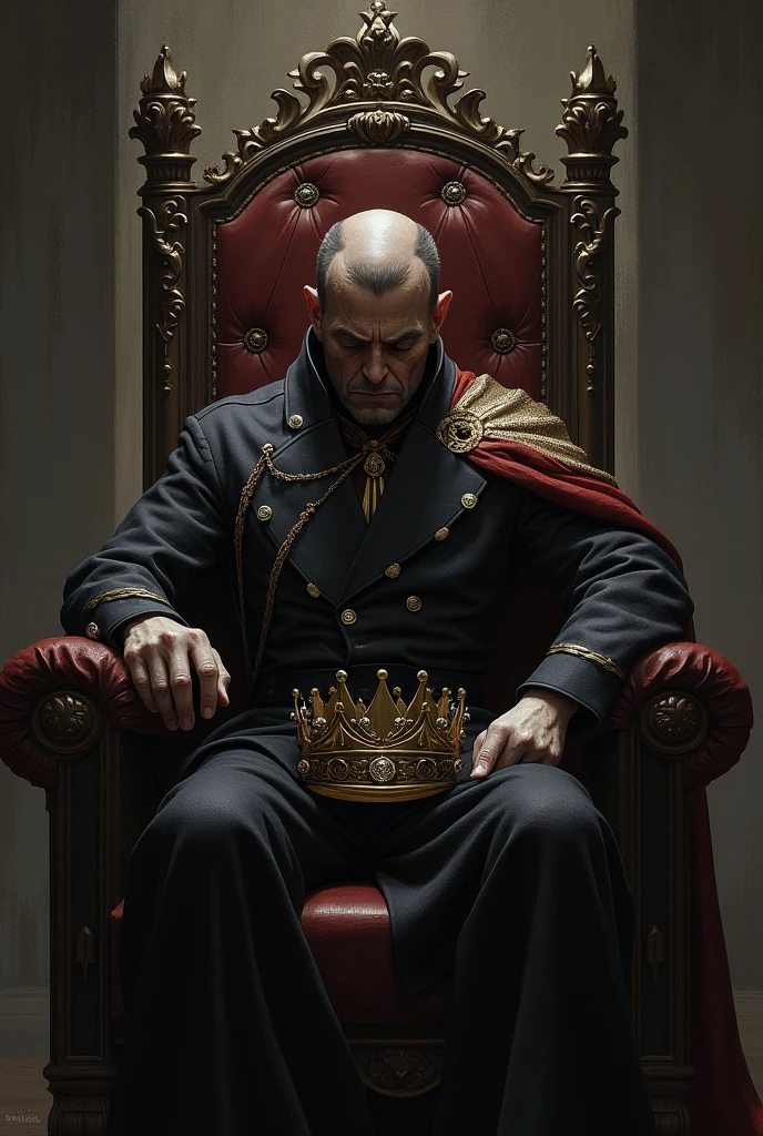 Man with dark circles under his eyes sitting on a throne looking tired and dominant holding a crown diagonal view above
