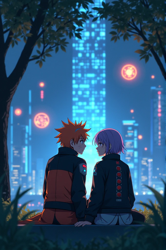 Naruto and hinata sit in the park cyber punk anime quality 