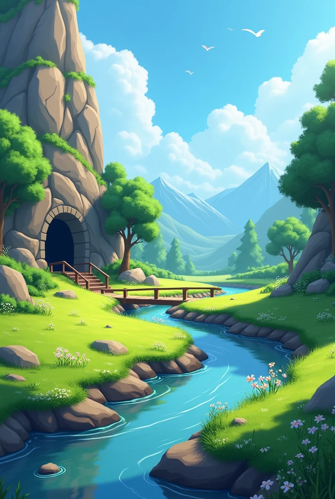 World of Warcraft, outdoor scene, green grassland with a river flowing through it, rocky cliffside with a cave entrance, a small wooden bridge over the waterway, lush trees and wildflowers on both sides of the stream, white clouds in a blue sky, fantasy landscape concept art style, game illustration design, concept design for world building, concept art in the style of game illustration design, 3D