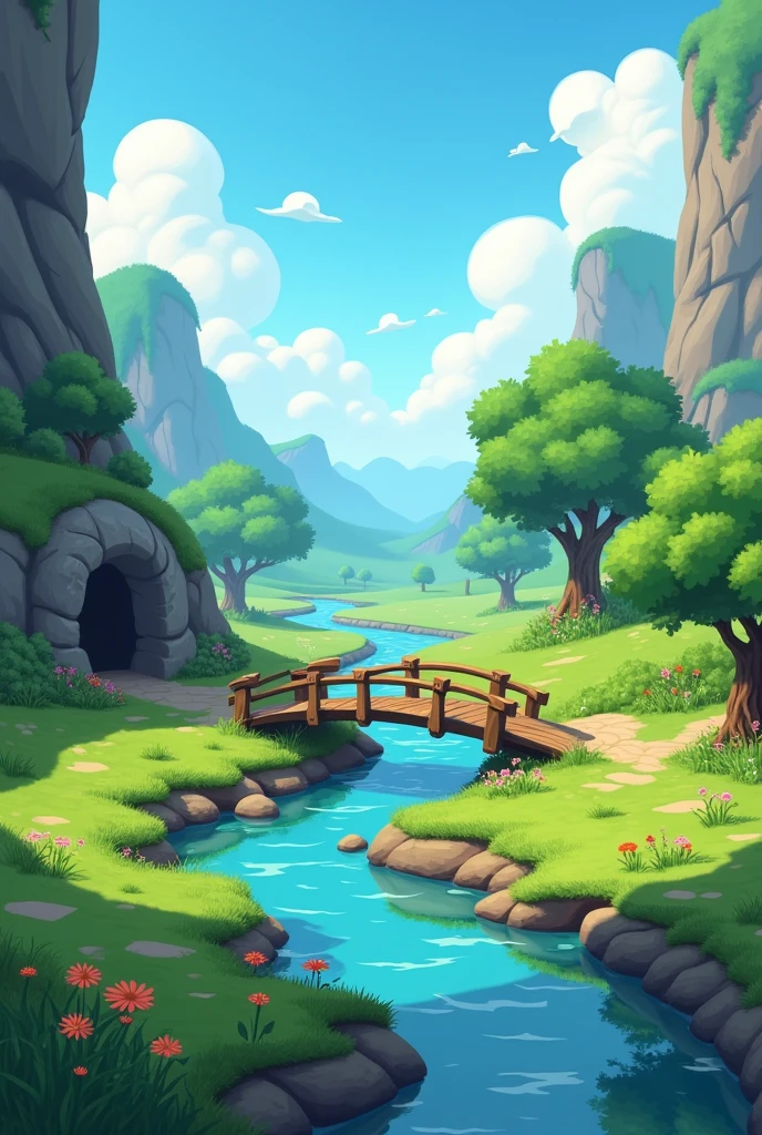 World of Warcraft, outdoor scene, green grassland with a river flowing through it, rocky cliffside with a cave entrance, a small wooden bridge over the waterway, lush trees and wildflowers on both sides of the stream, white clouds in a blue sky, fantasy landscape concept art style, game illustration design, concept design for world building, concept art in the style of game illustration design, 3D