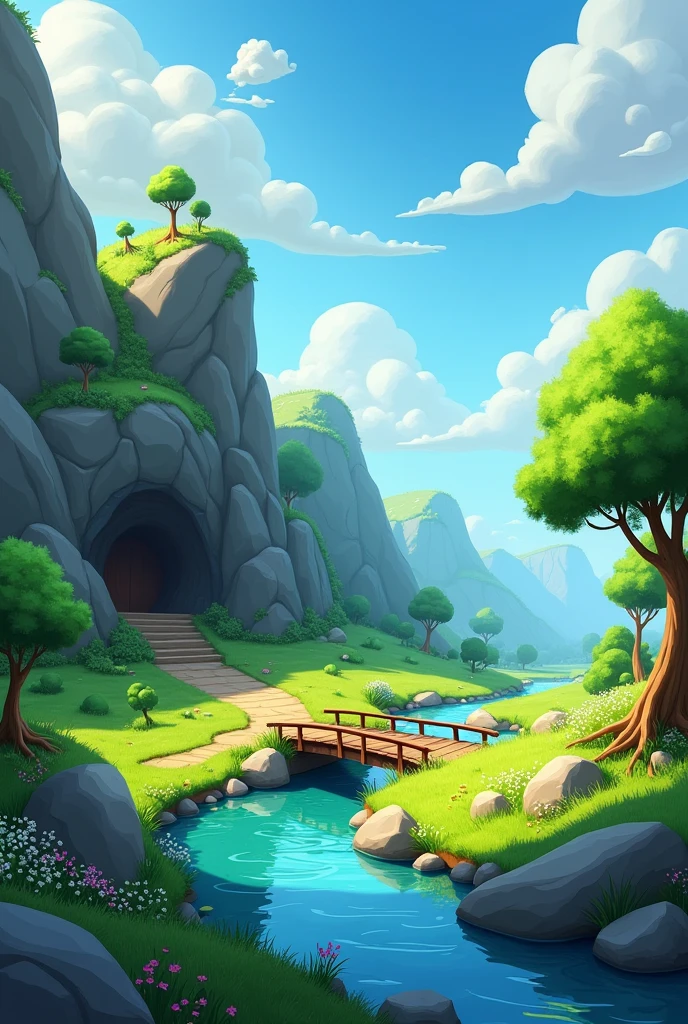 World of Warcraft, outdoor scene, green grassland with a river flowing through it, rocky cliffside with a cave entrance, a small wooden bridge over the waterway, lush trees and wildflowers on both sides of the stream, white clouds in a blue sky, fantasy landscape concept art style, game illustration design, concept design for world building, concept art in the style of game illustration design, 3D