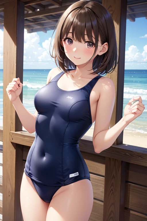 anegasaki nene、Shiny brown hair, short hair, (Beautiful brown eyes、Sparkling eyes, Fine grain)、smile、Ultra-detailed eyes、Very detailedな顔, Very detailedな目,

short hair, 
高いquality illustration, masterpiece, Very delicate and beautiful, 
Attractive girl,(School Swimsuit、紺色School Swimsuit、旧型School Swimsuit), Audience reaction,thin,Slender body,slim,Beach、Beach、Ocean、Crowd in swimsuits、Surrounded by men in swimsuits,Beautiful Eyes,(masterpiece, Highest quality:1.2), High resolution, Very detailed CG ユニティ 8k 壁紙, Perfect lighting, colorful, 超High resolution,4K,Very detailed, photograph, 8k, High resolutionolution,Cowboy Shot,Very young、blush、Run、panic