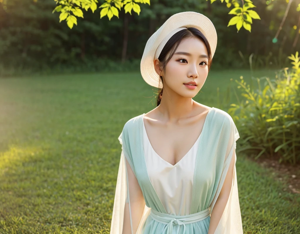 "A highly realistic and natural image of a Korean woman with flawless, radiant skin, wearing modest clothing. She is set against a lush green background, surrounded by nature, with soft sunlight gently illuminating her face. Her smooth and clear skin is emphasized, and she is engaged in a skincare routine, representing the secret to her beautiful complexion. The overall scene should convey a sense of freshness, health, and natural beauty, while maintaining a respectful and realistic portrayal."