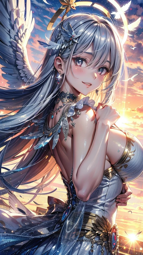 Particles of light, (Shining Light:1.2),(1 Angel Girl:1.2),26yo,nice, Adult face,Beautiful Face, (Face close-up:1.1),Big Breasts(Large Breasts:1.1),Two big angel wings on his back(Giant angel wings:1.2),(Wild smile:1.2), Pink long hair, Silver Eyes, Detailed eyes, (Huge bright halo:1.2),(Decorative halo:1.2),Face close-up,(Putting jewelry in your hair:1.2), (hair ornaments:1.2),(Glitter on the dress:1.2),(Detailed decoration on the dress:1.2),(Reflection of the dress:1.2),(A strong wind is blowing), fly in the sky, , (Dawn:1.2), (Heaven in the background:1.2), Huge sky, Cloudy,(Light of the sun:1.2), (Lens flare:1.2), (Many silver feathers are flying:1.2), ,(white dove flying:1.2),Various poses,Sexy pose