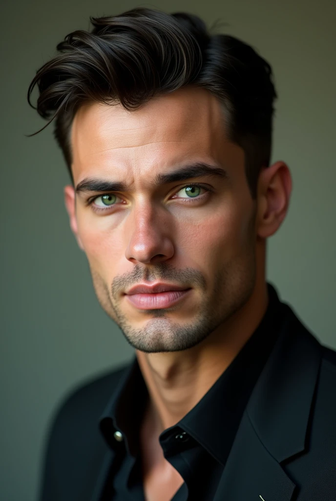 A very handsome man. He is tall and all masculine. His skin is quite fair. He has dark hair and shining emerald-green eyes