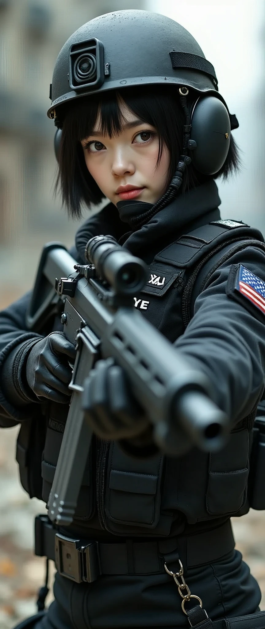 (masterpiece,Highest quality,Ultra-high resolution),One Woman,Japanese,Black Hair,Short Bob,(((Beautiful Eyes,Beautiful Hair,Beautiful Skin,Beautiful Face)Detailed hands))),Severe,whole body,(((Gunfight))),(Small machine gunを構える),((Small machine gun)),SWAT Uniforms,Black bulletproof vest, Combat Boots, Black Tactical Forcer,Tactical Headset,Tactical Helmet,(The background is the rubble of ruins),(((Background Blur)))