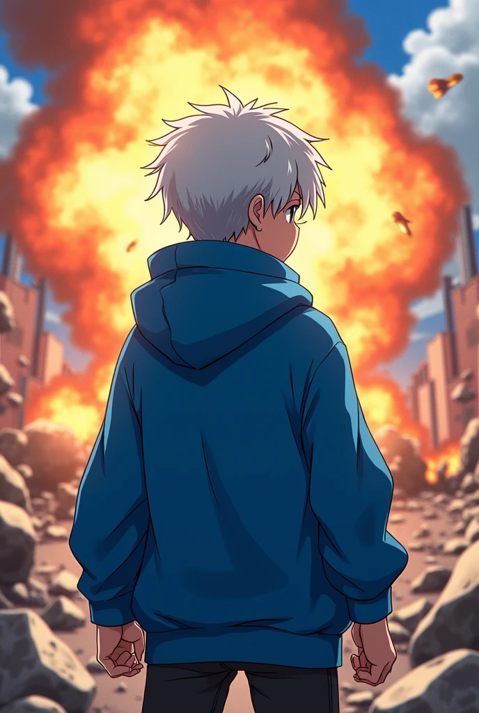 An anime boy in blue hoodie and white hair is standing hardly where there is an blast in 4k quality 