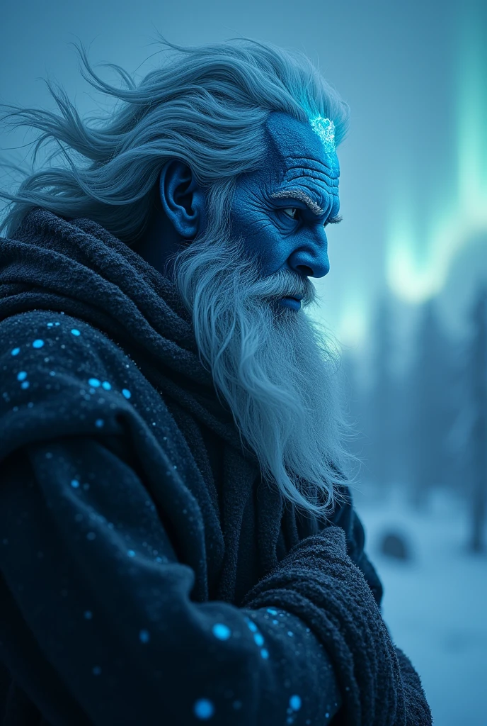 A symmetric portrait of a male, evil frozen necromancer, features dissolving into frozen magic thin, luminescent blue lines. Weighted Voronoi stippling and laser caustics create a network, transitioning from hyperrealistic detail to abstract, quantum-inspired forms. Ethereal hues blend, evoking existential transition and mystery. Close-up on face, evil skull partially visible. Set against a twilight arctic backdrop, icy winds ripple through his tattered robes. Rendered in a fusion of photorealism and digital surrealism, the scene is illuminated by ghostly Northern Lights. Emphasis on cold, menacing atmosphere, invoking Nordic myths
