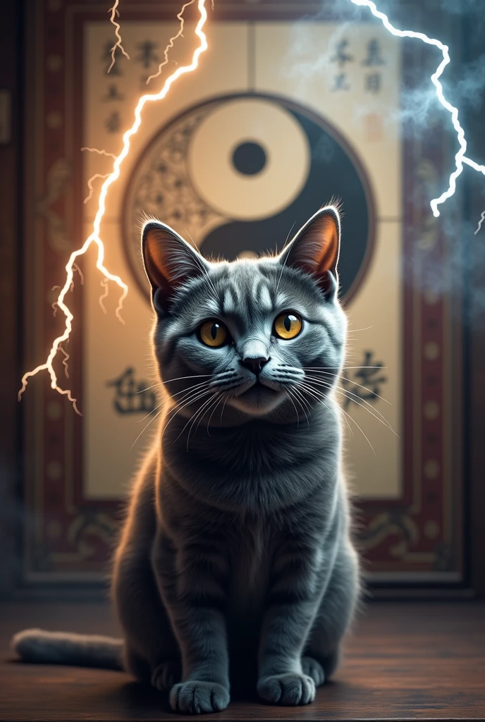 There is a Tai Chi symbol on the background. The gray cat understands investment and financial management. Lightning appears. The cat has a frightened expression on the background. There is a Chinese style background with K-line chart and Tai Chi chart on the background. Thunder.
