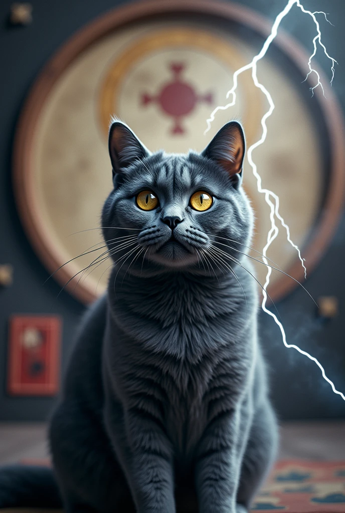 There is a Tai Chi symbol on the background. The gray cat understands investment and financial management. Lightning appears. The cat has a frightened expression on the background. There is a Chinese style background with K-line chart and Tai Chi chart on the background. Thunder.
