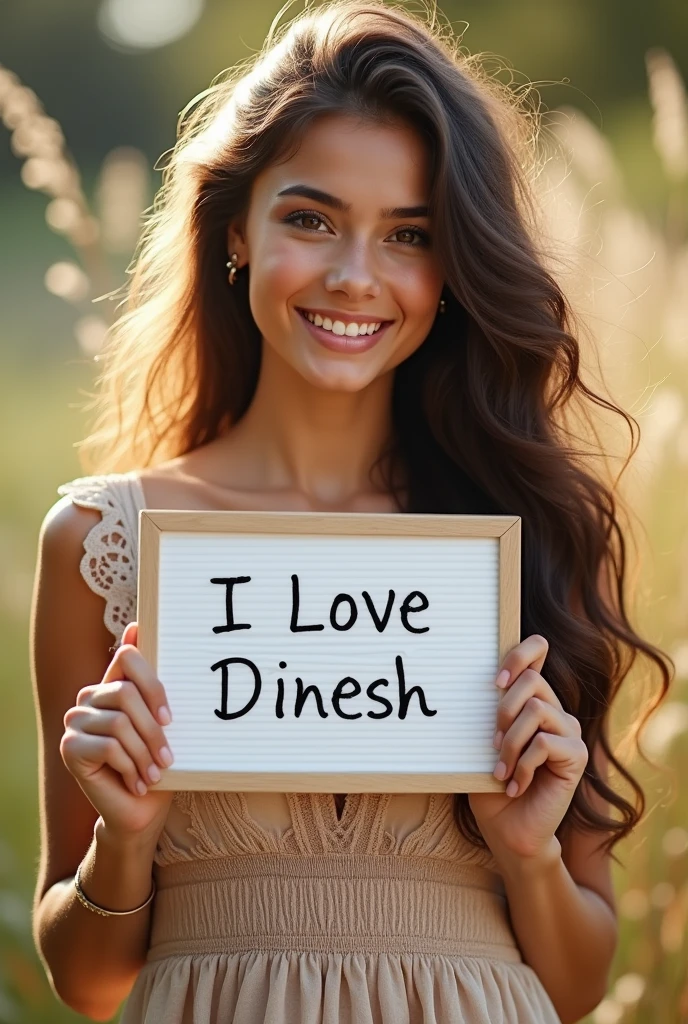 Beautiful girl with wavy long hair, bohemian dress, holding a white board with text "I Love Dinesh" and showing it to the viewer
