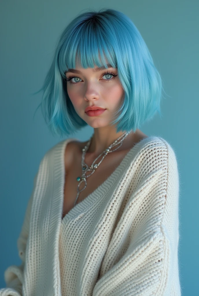 (Best quality, 8k, 32k, Masterpiece, UHD:1.2),Photo of Pretty 18 american woman, large breasts, very short bob hair,upper body,face focus,(oversized_sweater,:1.1) necklace, background, looking at viewer, leaning forward, (((blue hair with sliver bangs))), (((vibrant light blue eyes))) (((award winning detail)) ((avatar makeup and popstar clothes)))