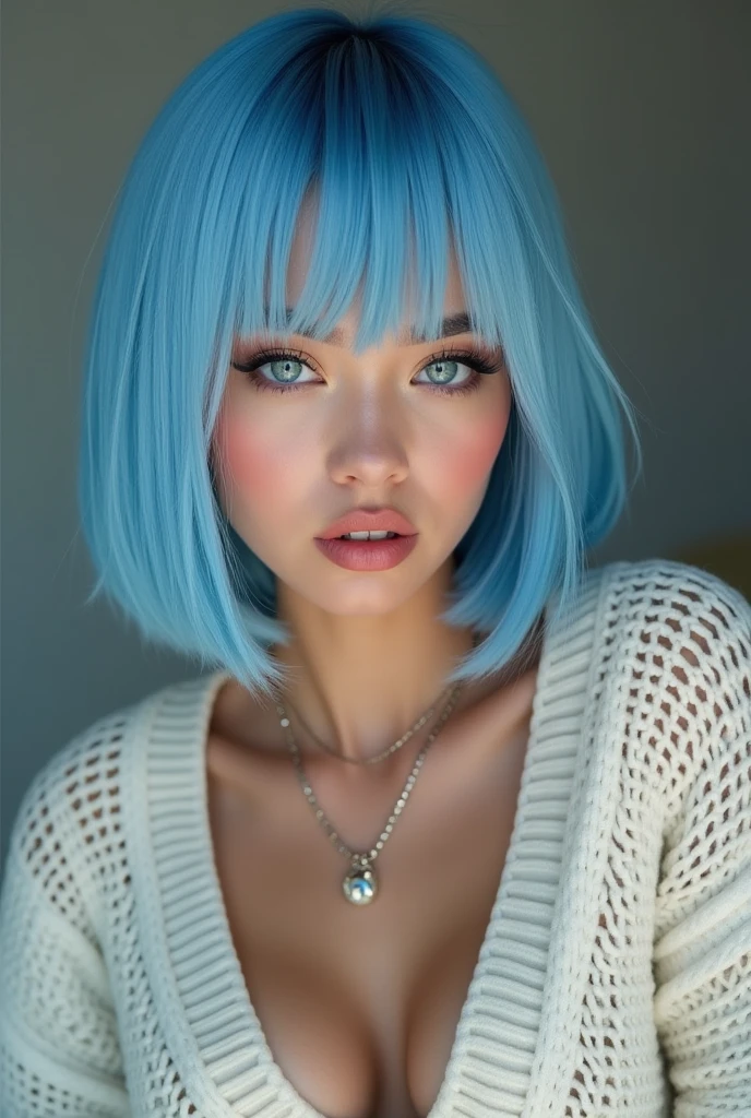 (Best quality, 8k, 32k, Masterpiece, UHD:1.2),Photo of Pretty 18 american woman, large breasts, very short bob hair,upper body,face focus,(oversized_sweater,:1.1) necklace, background, looking at viewer, leaning forward, (((blue hair with sliver bangs))), (((vibrant light blue eyes))) (((award winning detail)) ((avatar makeup and popstar clothes)))