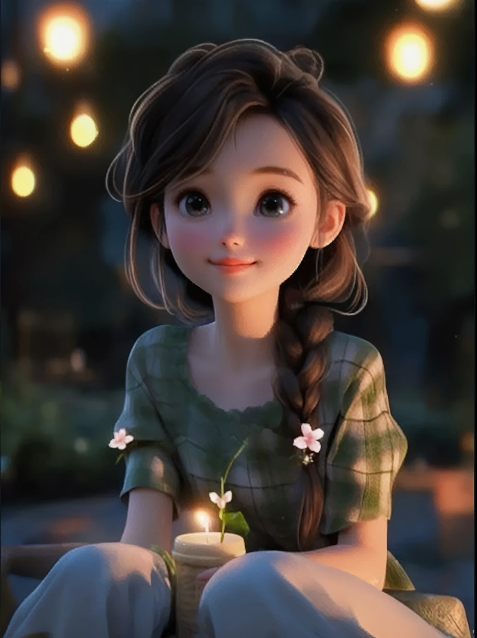 (Pixar style: 1.25) portrait , Natalie Portman, Smile, Waist length,Flower basket filled with flowers, Natural skin texture, 4K Textures, High Dynamic Range, complicated, Very detailed, Clear focus, Movie-like feel, Very detailed