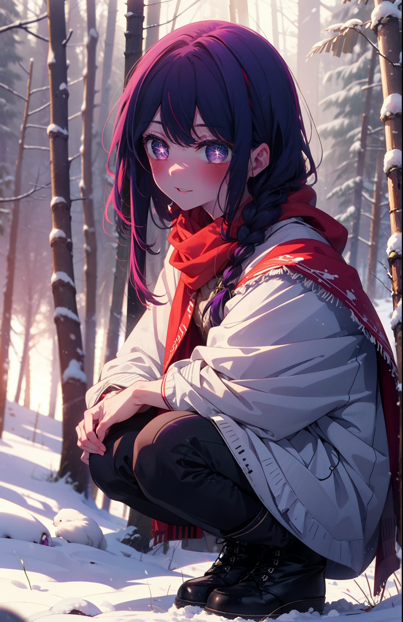 aihoshino, Ai Hoshino, Long Hair, bangs, (Purple eyes:1.1), Purple Hair, (Symbol-shaped pupil:1.5), smile,,smile,blush,white breath,
Open your mouth,snow,Ground bonfire, Outdoor, boots, snowing, From the side, wood, suitcase, Cape, Blurred, , forest, White handbag, nature,  Squat, Mouth closed, Cape, winter, Written boundary depth, Black shoes, red Cape break looking at viewer, Upper Body, whole body, break Outdoor, forest, nature, break (masterpiece:1.2), Highest quality, High resolution, unity 8k wallpaper, (shape:0.8), (Beautiful and beautiful eyes:1.6), Highly detailed face, Perfect lighting, Highly detailed CG, (Perfect hands, Perfect Anatomy),