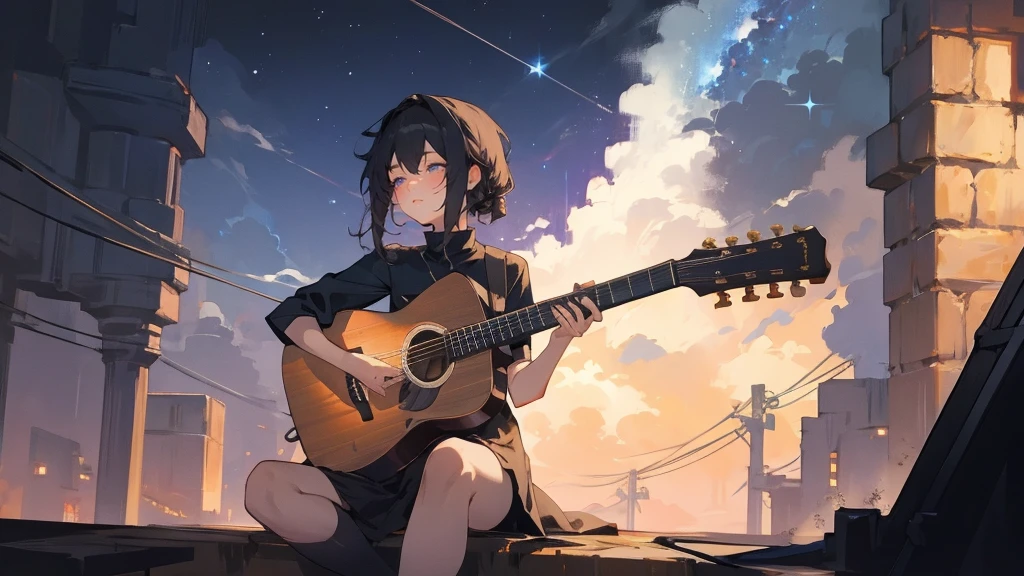 masterpiece,night,(dark alley),star、Night Sky、milky way、octone、
(1. Female), (solo), Knee hugging sitting,acousticguitar