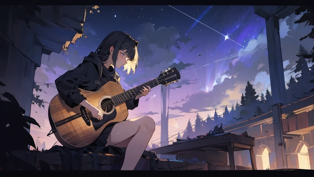 masterpiece,night,(dark alley),star、Night Sky、milky way、octone、
(1. Female), (solo), Knee hugging sitting,acousticguitar