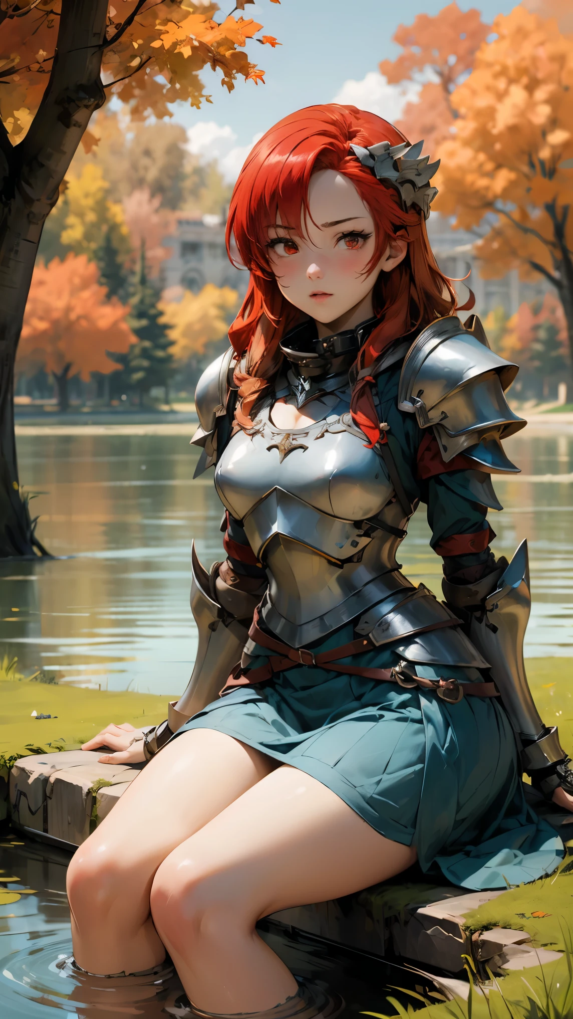 1girl, lisara restall, ((red hair:1.5)),
BREAK (armor, armored dress, chain, collar, dress, faulds, gauntlets, headpiece, metal collar, plackart, blue dress:1.2), BREAK front view, thighs, thigh focus, outdoors, lake, grass, sitting on ground, sitting, nature, autumn, fall(season), by the lake, feet in lake, sexy, pond,
BREAK ((anime girl)), best quality, expressive eyes, perfect face, (masterpiece), best quality, expressive eyes, perfect face, ((best quality)), ((ultra-detailed)), ((an extremely delicate and beautiful)), perfect eyes, perfect body, ((synmetry eyes)), beautiful eyes, ((thick thighs)), shiny skin, soft skin, ((synmetry body)), ((perfect body)),