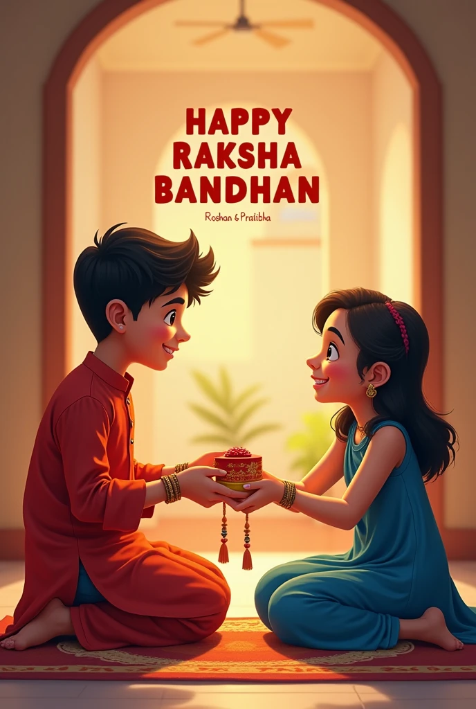 Raksha bandhan photo
A real 25 year old  Cute boy and girl are sitting face to 2ace on a colorful mat in the home lobby, the boy has extended one of his hands forward, And Girl tying Rakhi on brother's hand. boy is wearing a Red colored kurta And the girl is wearing a Blue Lehanga, boy has a gift box in his other hand, is smiling, boy has applied tilak on his forehead, and on the wall in bold letters "HAPPY RAKSHA BANDHAN" and also "Roshan & Pratibha " It is written, 4k image