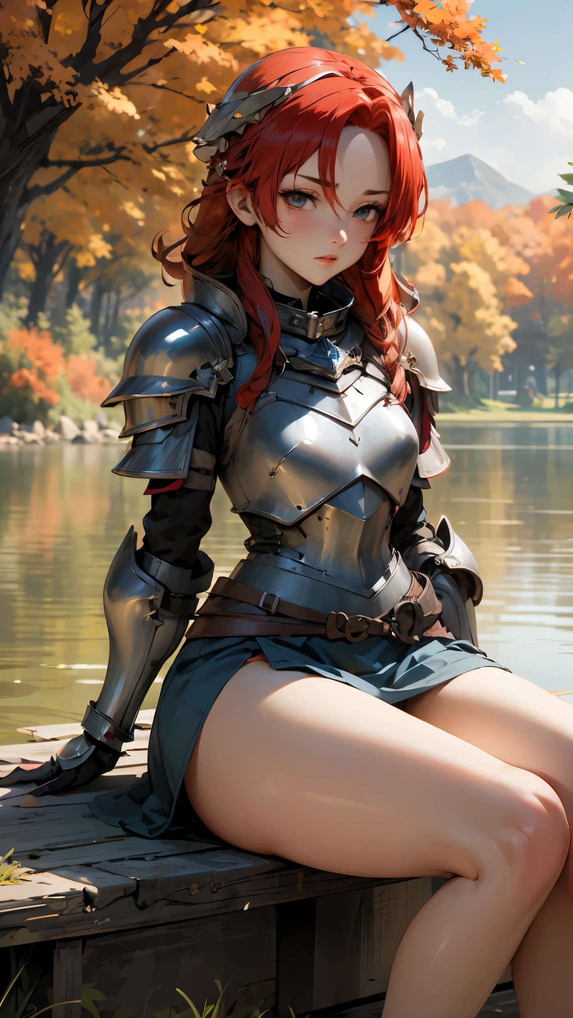 1girl, lisara restall, ((red hair:1.5)),
BREAK (armor, armored dress, chain, collar, dress, faulds, gauntlets, headpiece, metal collar, plackart, blue dress:1.2), BREAK front view, thighs, thigh focus, outdoors, lake, grass, sitting on ground, sitting, nature, autumn, fall(season), by the lake, feet in lake, sexy, pond,
BREAK ((anime girl)), best quality, expressive eyes, perfect face, (masterpiece), best quality, expressive eyes, perfect face, ((best quality)), ((ultra-detailed)), ((an extremely delicate and beautiful)), perfect eyes, perfect body, ((synmetry eyes)), beautiful eyes, ((thick thighs)), shiny skin, soft skin, ((synmetry body)), ((perfect body)), 