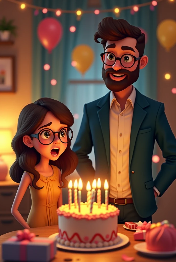 Bearded boy with glasses and tie suit giving surprise birthday party to a girl with glasses on her birthday 