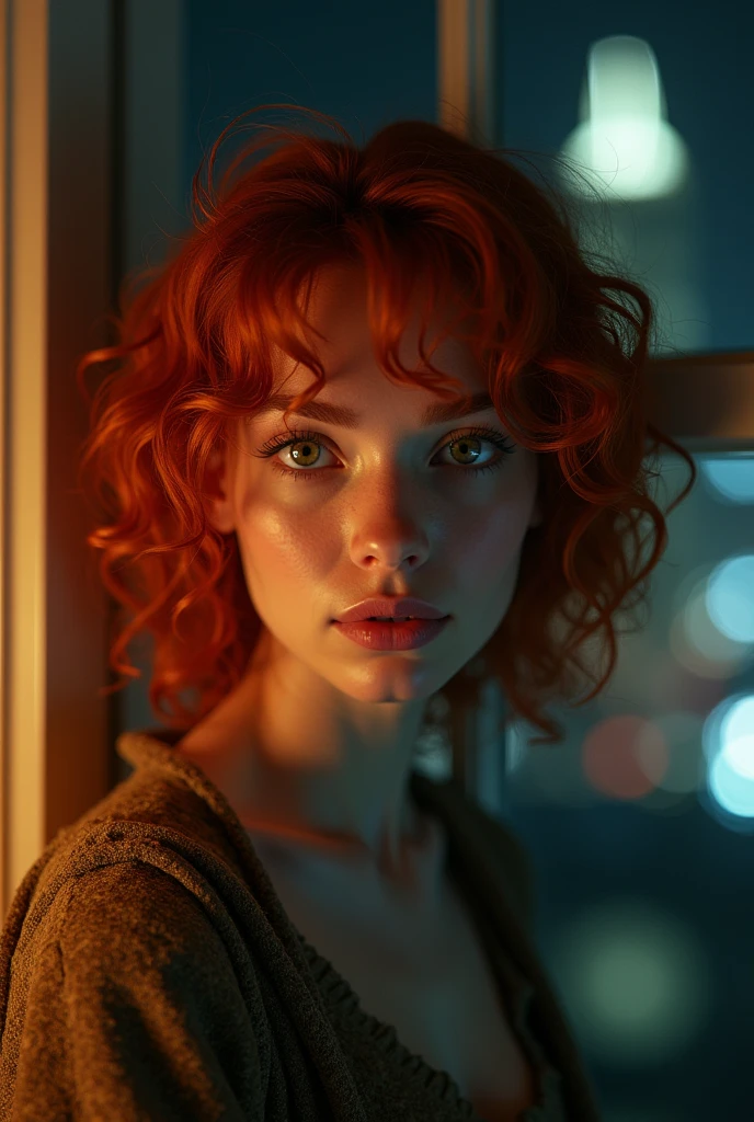 a redheaded curly-haired woman with green eyes and pale skin, near the window of her apartment, city at night, detailed portrait, cinematic lighting, warm color tones, dramatic shadows, photorealistic, ultra-detailed, 8k, award-winning digital art