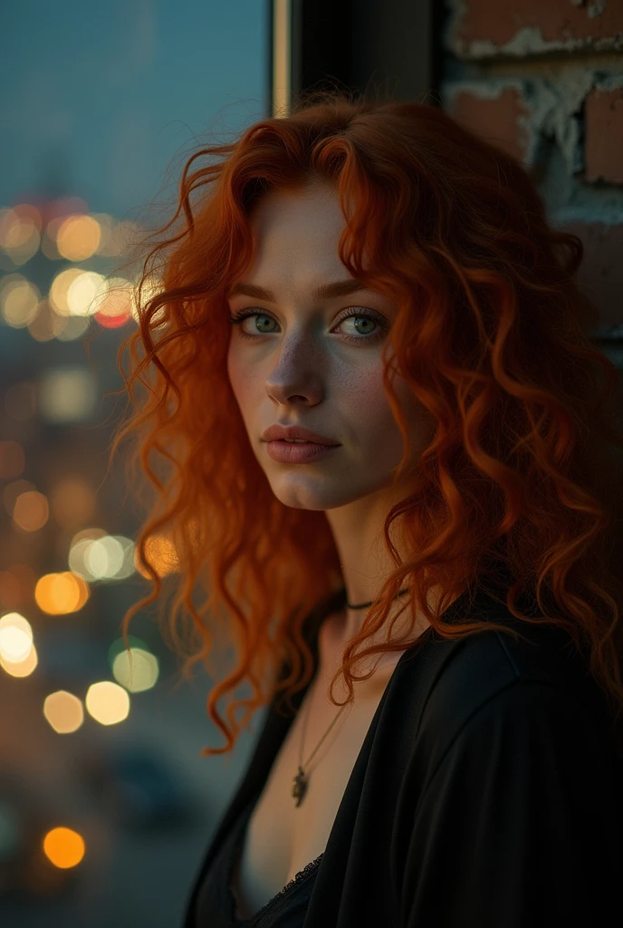 a redheaded curly-haired woman with green eyes and pale skin, near the window of her apartment, city at night, detailed portrait, cinematic lighting, warm color tones, dramatic shadows, photorealistic, ultra-detailed, 8k, award-winning digital art