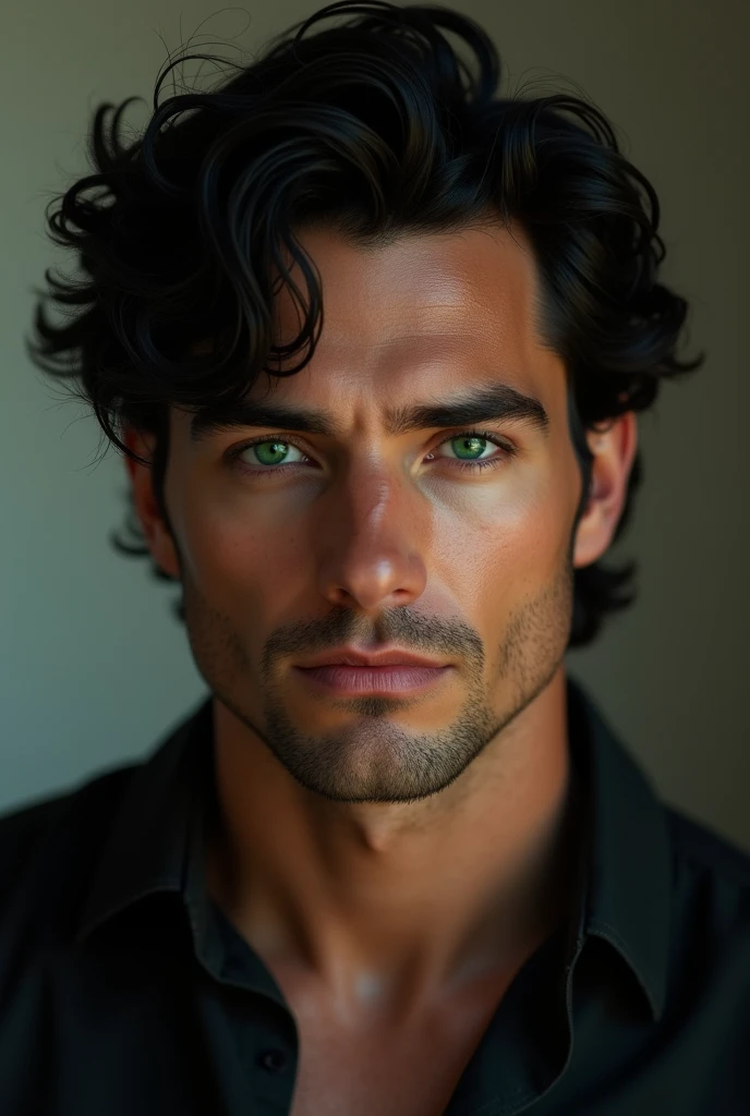 A very handsome man. He is tall and all masculine. His skin is quite fair. He has dark hair and shining emerald-green eyes