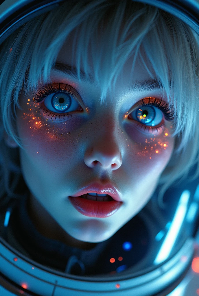 (Close-up of a better masterpiece:1.5)0.9], (Space and astronauts:1.2) (Messy silver hair:1.1) (Heterochromia xanthochromia and blue eyes:1.2) (Space Helmet:1.0) (Colored stars in the eyes:1.0) (A radiant glow:1.1) (thick lips:0.9)