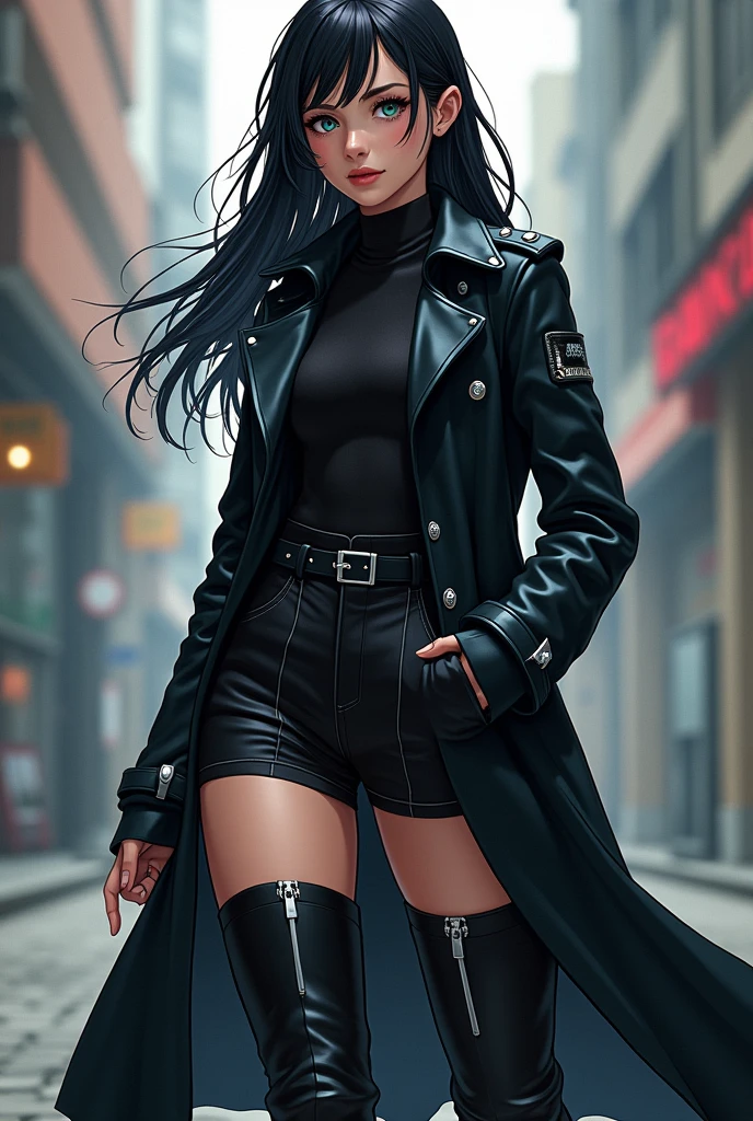 Name: Sasha ValdezAge: 28 years oldPhysical Description:Has a graceful and charming appearance with a slim and athletic body.Her face is beautiful with sharp eyes and a mysterious expression.Hair is long and dark, often tied in a neat style.Clothing:Wears elegant and practical, like black clothes with silver accents. Usually wears a long coat and high boots. with an anime art style full body