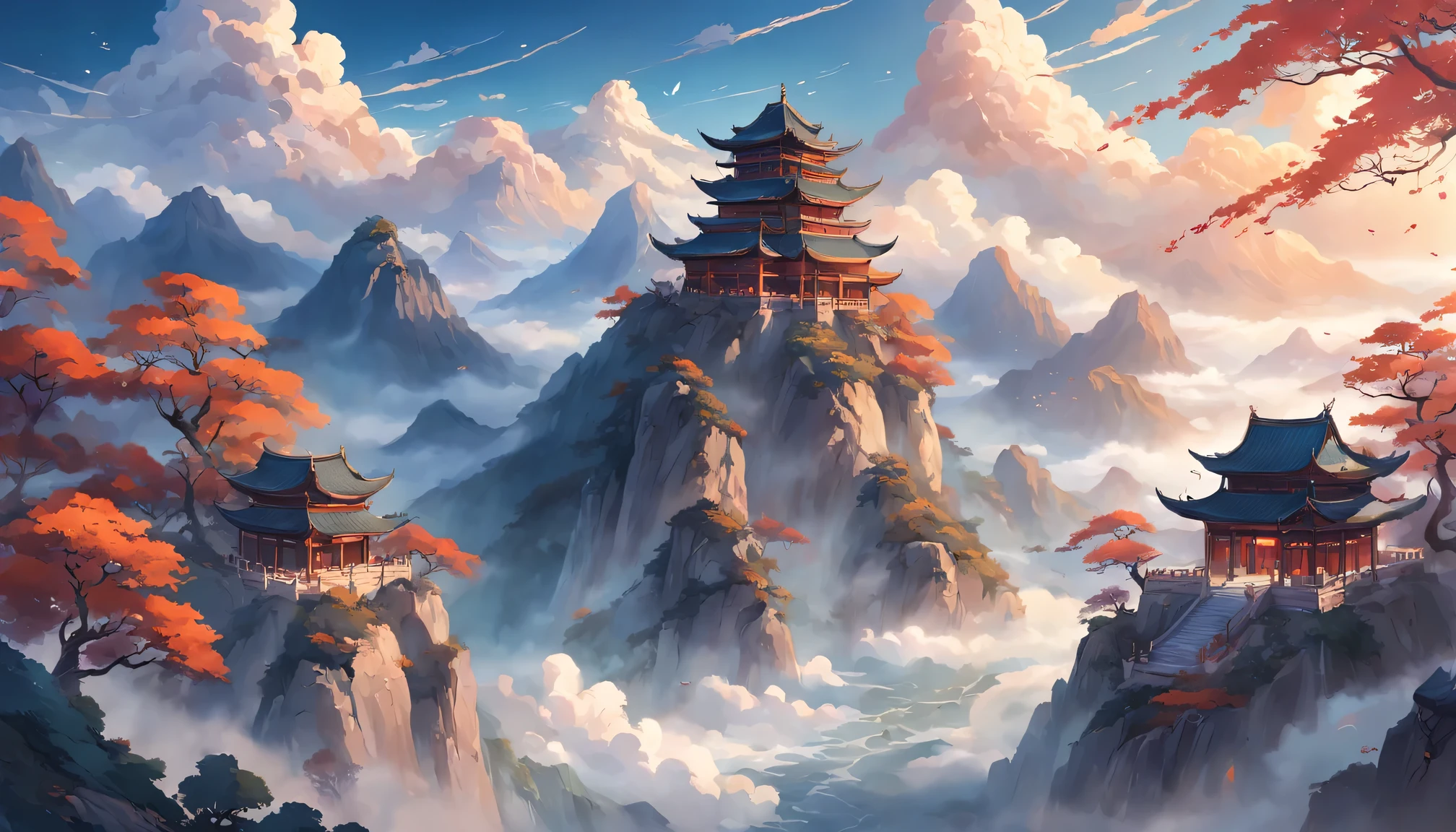 Ancient Chinese Landscape，Mountains，Rios，Auspicious Clouds，Sunlight，masterpiece，Super Detail，Epic creation，Ultra HD，high quality，Extremely detailed，Official Art，Unity8k Wallpaper，Super Detail，Intentional realm, 32k -- Part 6