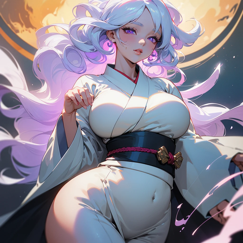 ((ultra quality)), ((masterpiece)), ((Moon and sun)), ((Water and fire)), ((Angelic beauty woman)), ((long white curly hair)), ((White hair)), ((White hair)), ((curly hair)), (beautiful face), (beautiful female lips), Enchanting ((Seductive facial expression)), looks at the camera with a slight smile, (White skin color), (White skin), glow on the body, ((detailed eyes)), ((violet eyes)), (juicy female lips), (dark eyeliner), (beautiful female hands), ((thick body)), ideal female body, ((white kimono)), beautiful waist, beautiful big hips, big breasts, thick thighs, ((Subtle and beautiful)) (), ((depth of field)), ((high quality clear image)), (delete details), ((High detail)), ((clear focus))