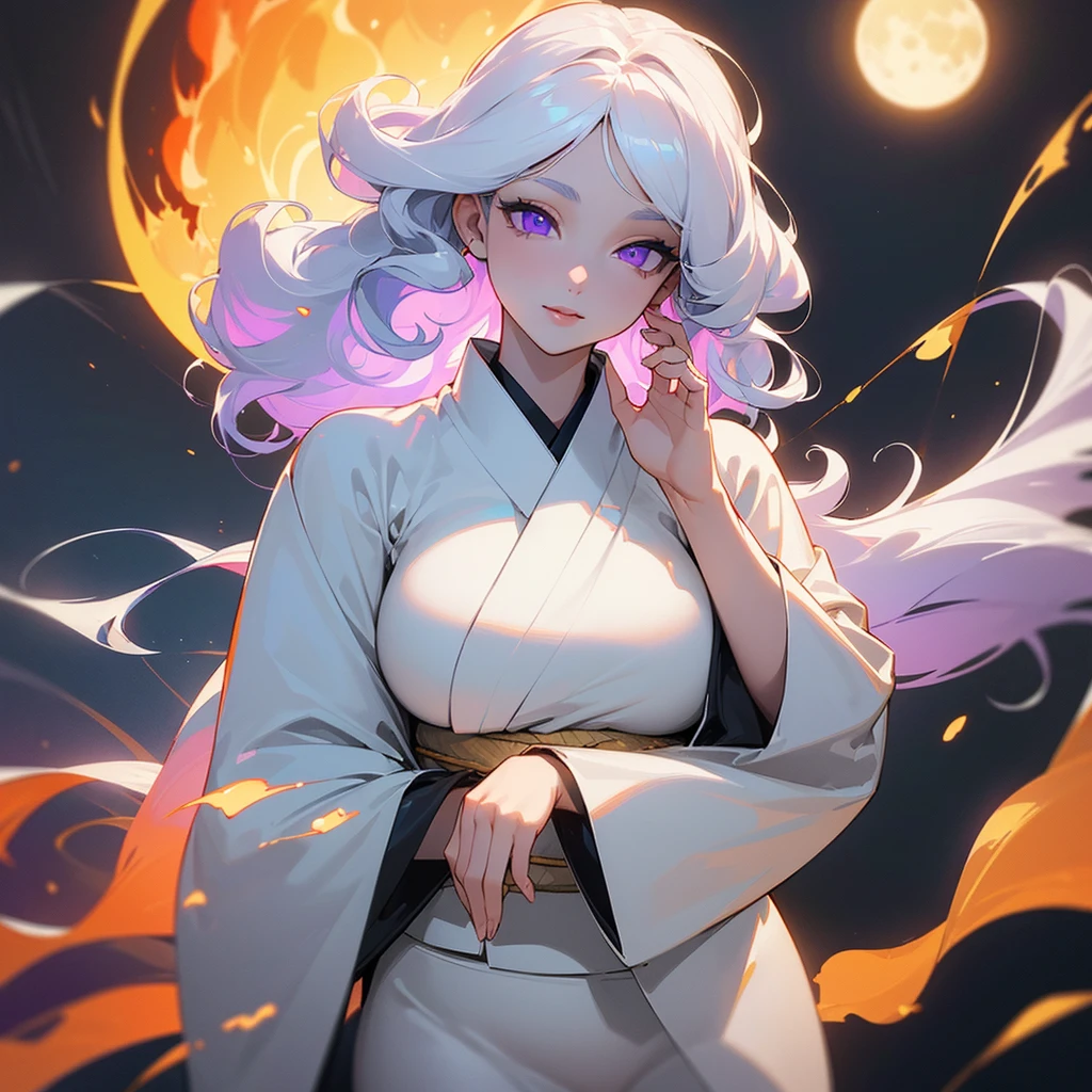 ((ultra quality)), ((masterpiece)), ((Moon and sun)), ((Water and fire)), ((Angelic beauty woman)), ((long white curly hair)), ((White hair)), ((White hair)), ((curly hair)), (beautiful face), (beautiful female lips), Enchanting ((Seductive facial expression)), looks at the camera with a slight smile, (White skin color), (White skin), glow on the body, ((detailed eyes)), ((violet eyes)), (juicy female lips), (dark eyeliner), (beautiful female hands), ((thick body)), ideal female body, ((white kimono)), beautiful waist, beautiful big hips, big breasts, thick thighs, ((Subtle and beautiful)) (), ((depth of field)), ((high quality clear image)), (delete details), ((High detail)), ((clear focus))