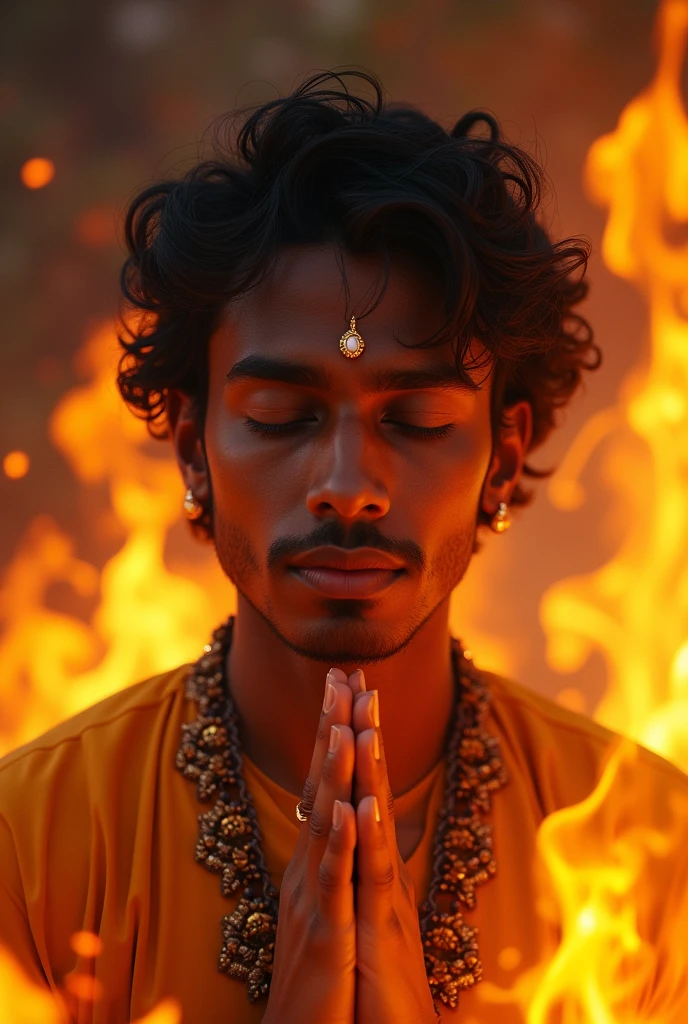 A dark skin indian prince boy in his 20s wearing necklace sitting inside fire flames doing namaste eyes closed looking realistic