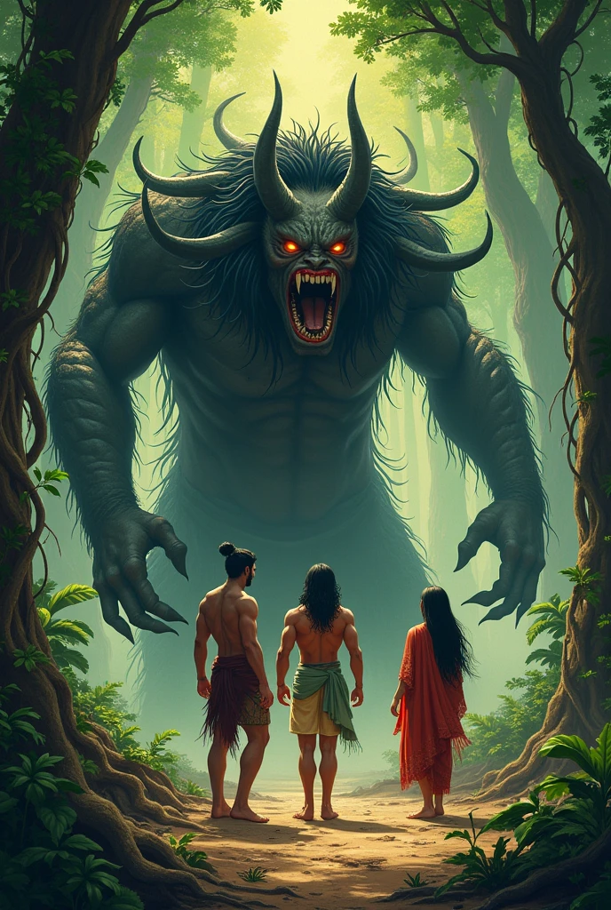 Shurpanakha’s Encounter: Illustrate Shurpanakha, with a fierce expression, approaching Ram and Sita in the forest. Ram and Sita appear calm and composed, while Shurpanakha's anger is evident.