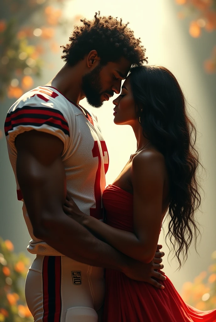 A tall, curly-haired number 13 football player is dating a tall, dark-skinned woman.
