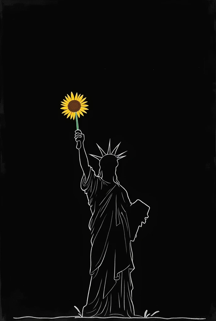Create a Rough Drawing of just the Statue of Liberty holding a sunflower。Background Black　The Goddess is only a line
