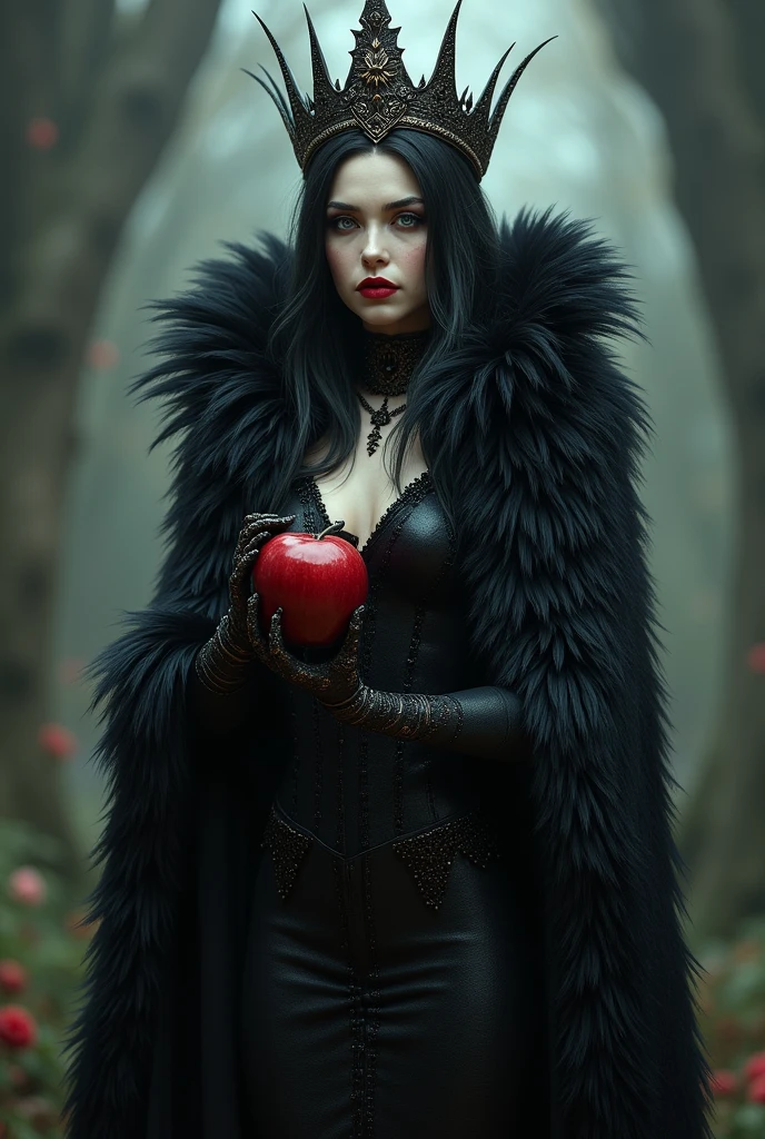 Girl,long black fur，black queen，Accessories，Apple in hand，poisoned apples，Witch Queen，Red lipstick