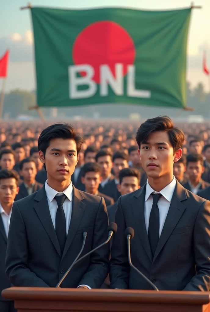 Two male politicians who are aged and wearing suit giving speech and their face in clearly visible from front with teenage ents in a wide background in Bangladeshi environment and Bangladesh flag is seen and there's a big banner where 'BNL' is written everywhere in the photo