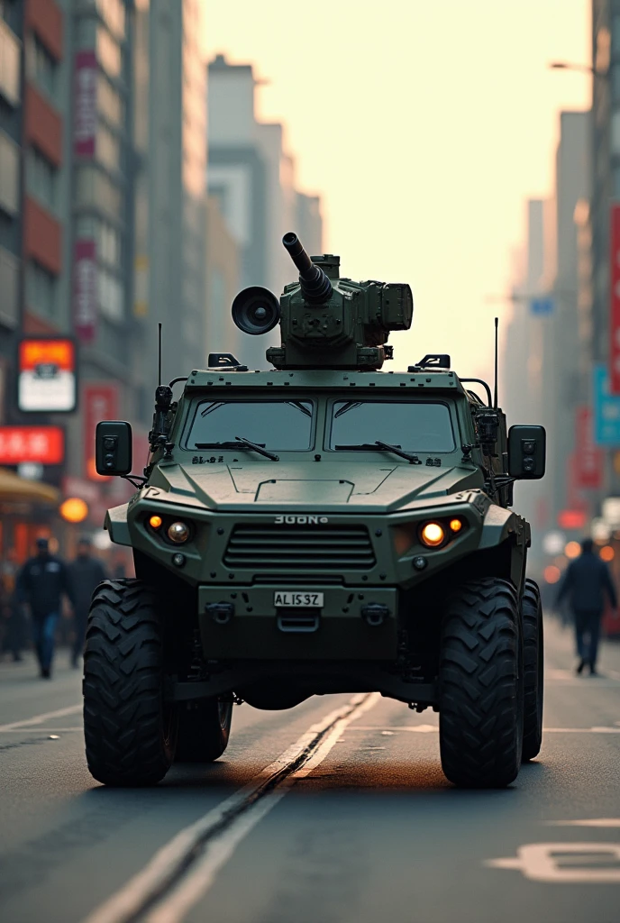 South Korean all-terrain tactical vehicle, transiting in the city of Seoul, equipped with a machine gun in the upper turret, wide angle, octane rendering, volumetric lighting, ultra detailed, intricate details, golden ratio, 3D image, resolution 64K. Photographic style: Canon EOS 90D Camera, lente 50mm, F2 aperture.5 