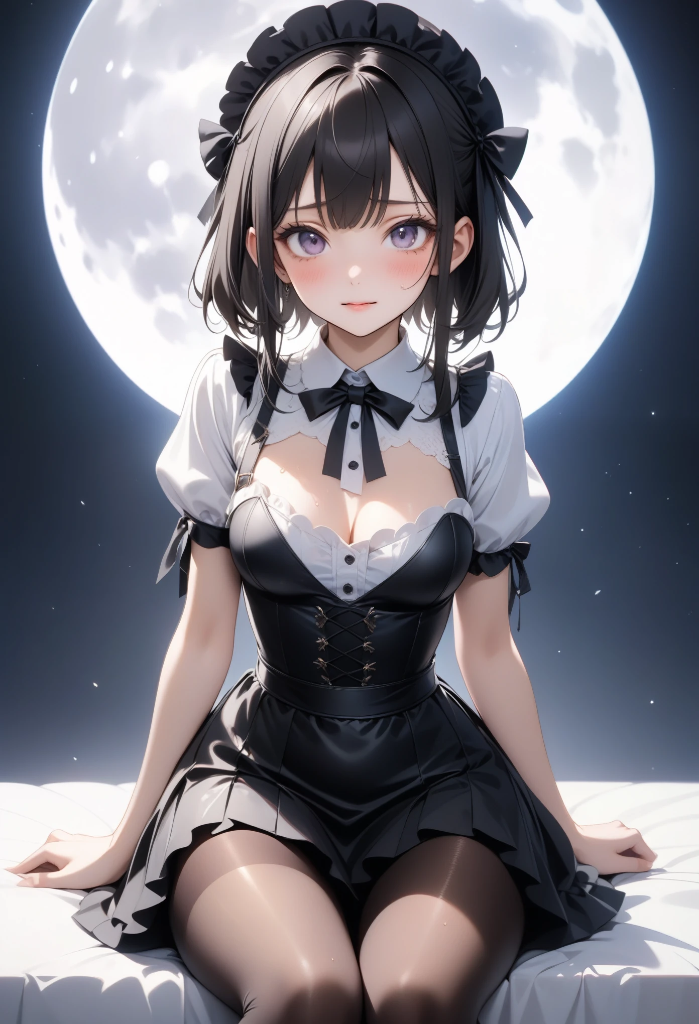 (gothic ta), ((skirt)), ((pantyhose)), ((Shiny Costumes)), skindentation, skinny, solo, 1 woman, Masterpiece, highest quality, highest quality, 16K, incredibly absurd, highly detailed, 2.5D, ai-generated, delicate and dynamic, very delicate facial expressions, delicate eye depiction, erotic, only sexy woman, ((A cute and kind face)), healthy figure, ((25-year-old woman)), 160cm tall, medium firm swaying bust, , blush, Sweat,Embarrassed,sexy, ((thin thighs)), (camel toe:0.7), (visible nipples:0.3), (Erect nipples,:0.7), shiny and lustrous, facing straight at viewer, (((in heat))), ((Oily_skin)),, ((dutch angle)), ((erotic pose)), , (((A woman making a confession under the moonlight))),, ((sit)),