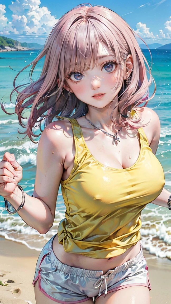 (masterpiece, Highest quality:1.3), (Super detailed:1.2), (hyperRealistic:1.3), (RAW Photos:1.2), High-definition RAW color photos, Professional photos, (PhotoRealistic:1.4), (Realistic:1.4), (Pink Hair:1.5), Professional Lighting, Perfect Anatomy, (Big Breasts:1.2), (blush, Detailed face), (Happy smile:1.7), Sexy, erotic Sexy, Random sexy gravure poses, (Beautiful woman in a yellow tank top and white shorts、Running on the beach、silver chain bracelet、Hair pulling pose。:1.3)