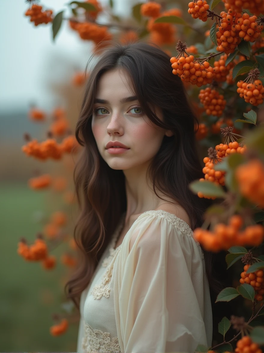 a woman standing in front of a bush with orange berries, a portrait, inspired by Elsa Bleda, digital art, photography alexey gurylev, beautiful girl on the horizon, lovely dark autumn princess, old color photo
