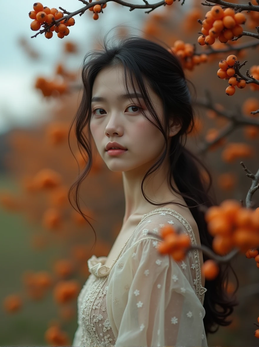 a woman standing in front of a bush with orange berries, a portrait, inspired by Elsa Bleda, digital art, photography alexey gurylev, beautiful girl on the horizon, lovely dark autumn princess, old color photo