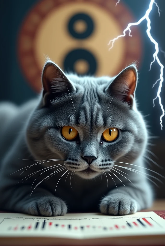 There is Tai Chi symbol on the background. Chinese style gray cat understands investment and financial management. The cat looks at the K-line and lightning appears. The cat expression is frightened. The background is Chinese style. There is K-line chart on the background. There is Tai Chi diagram on the background. Thunder.
