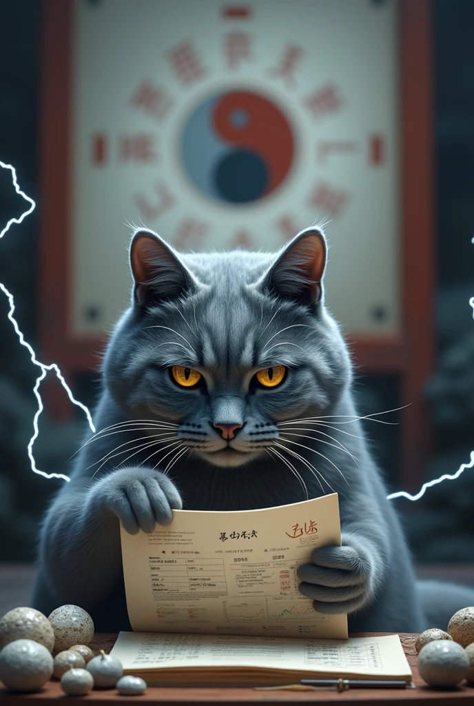 There is Tai Chi symbol on the background. Chinese style gray cat understands investment and financial management. The cat looks at the K-line and lightning appears. The cat expression is frightened. The background is Chinese style. There is K-line chart on the background. There is Tai Chi diagram on the background. Thunder.