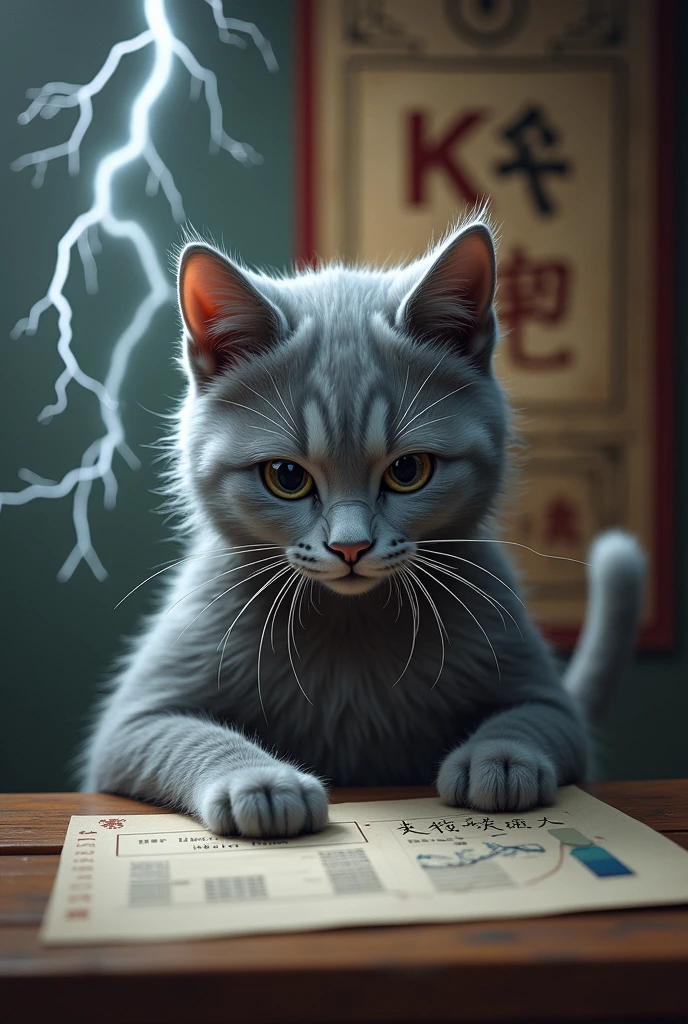 There is Tai Chi symbol on the background. Chinese style gray cat understands investment and financial management. The cat looks at the K-line and lightning appears. The cat expression is frightened. The background is Chinese style. There is K-line chart on the background. There is Tai Chi diagram on the background. Thunder.